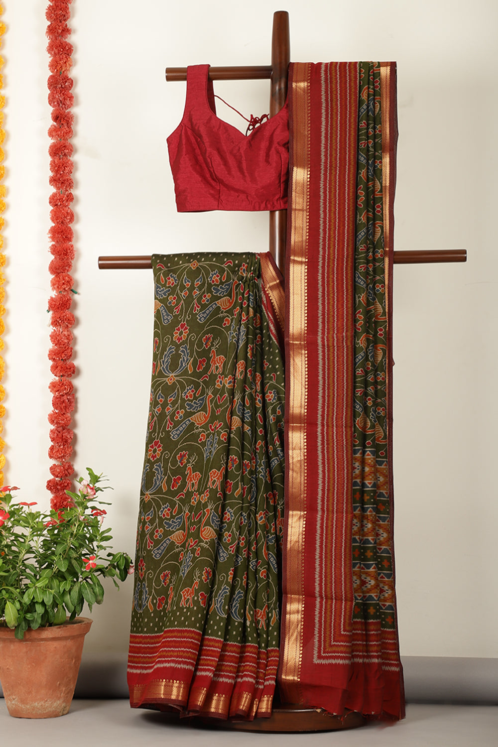 Olive Kalamkari Printed Cotton Saree
