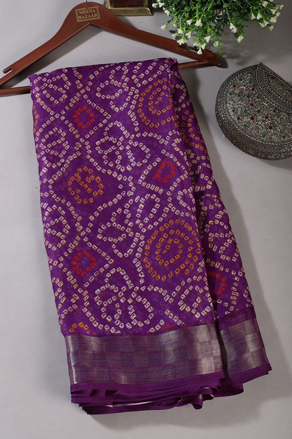 Purple Chiffon Bandhani Printed Saree