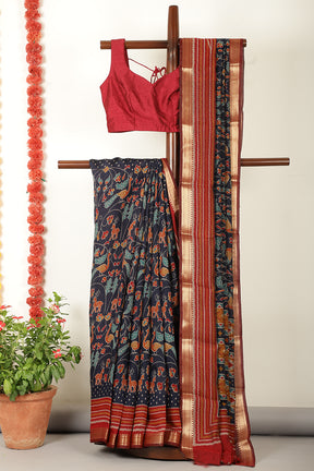 Navy Kalamkari Printed Cotton Saree