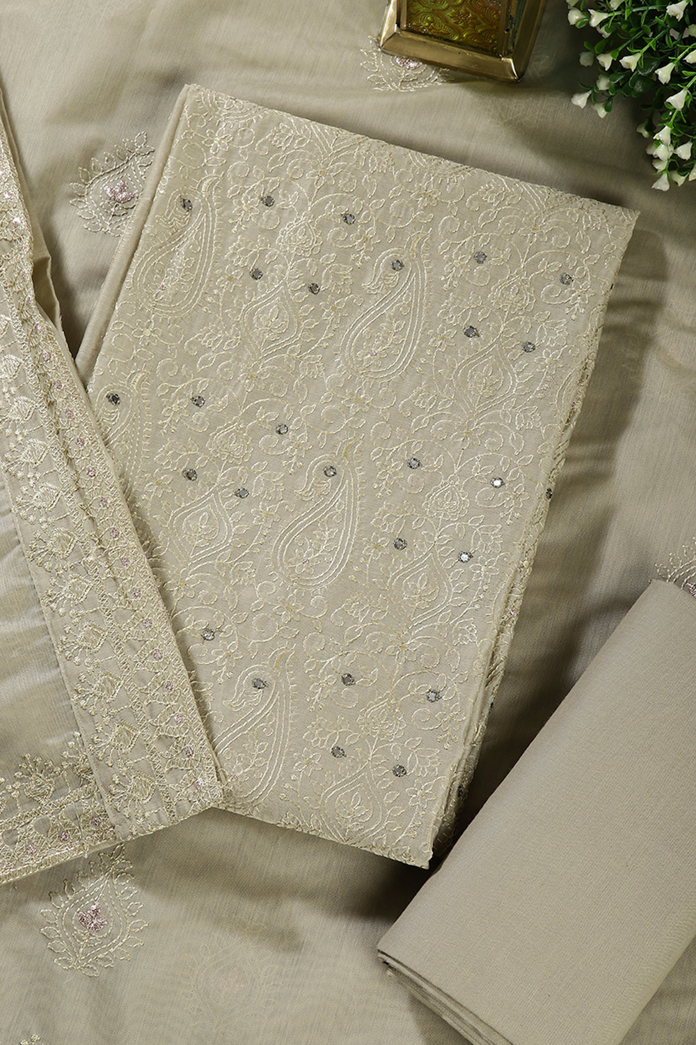 Sage Green Color Chanderi Resham Embroidered Unstitched Suit