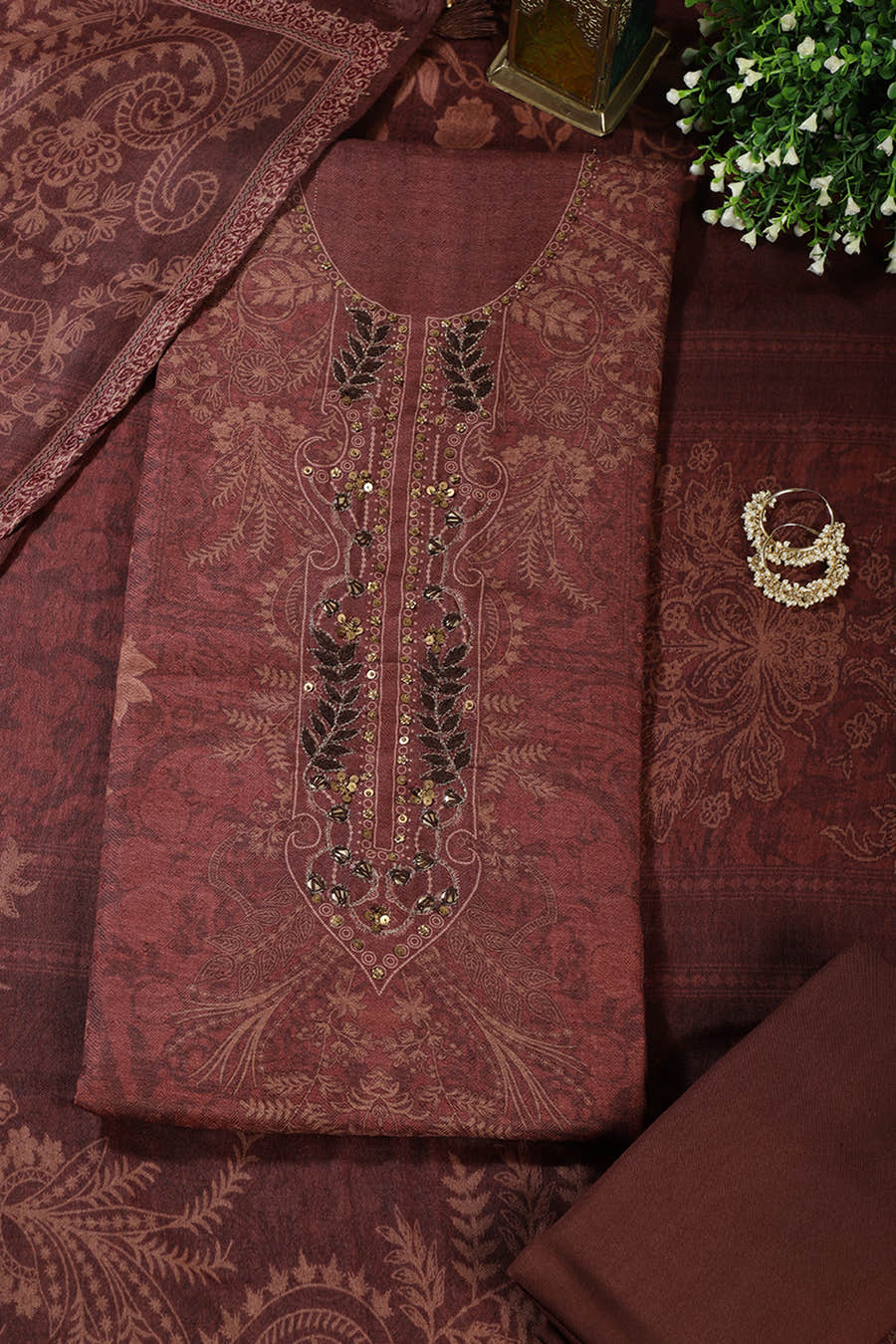 Brown Spun Floral Printed Unstitched Suit Fabric