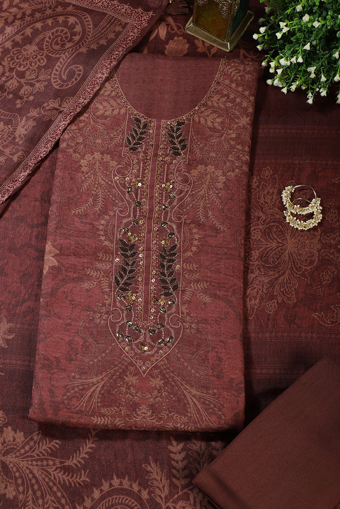 Brown Spun Floral Printed Unstitched Suit Fabric
