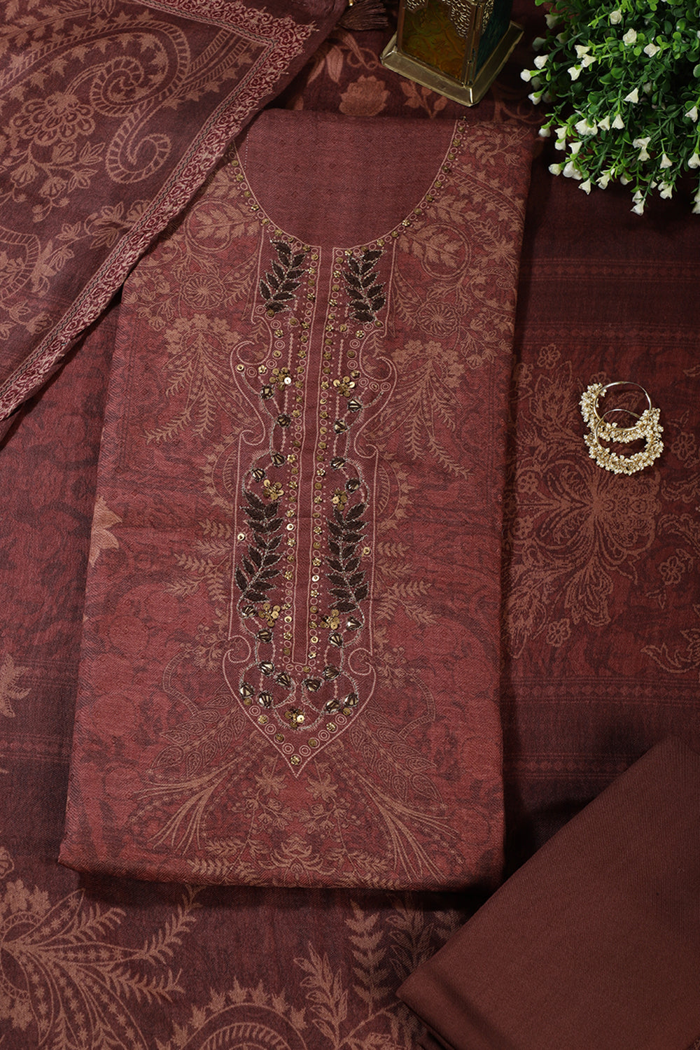 Brown Spun Floral Printed Unstitched Suit Fabric