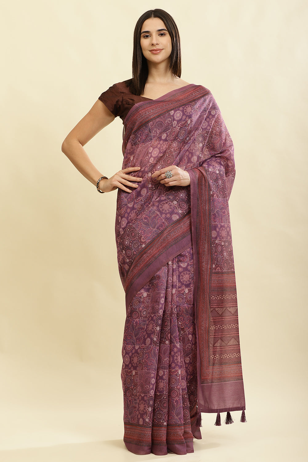 Dusky Purple Cotton Silk Printed Saree