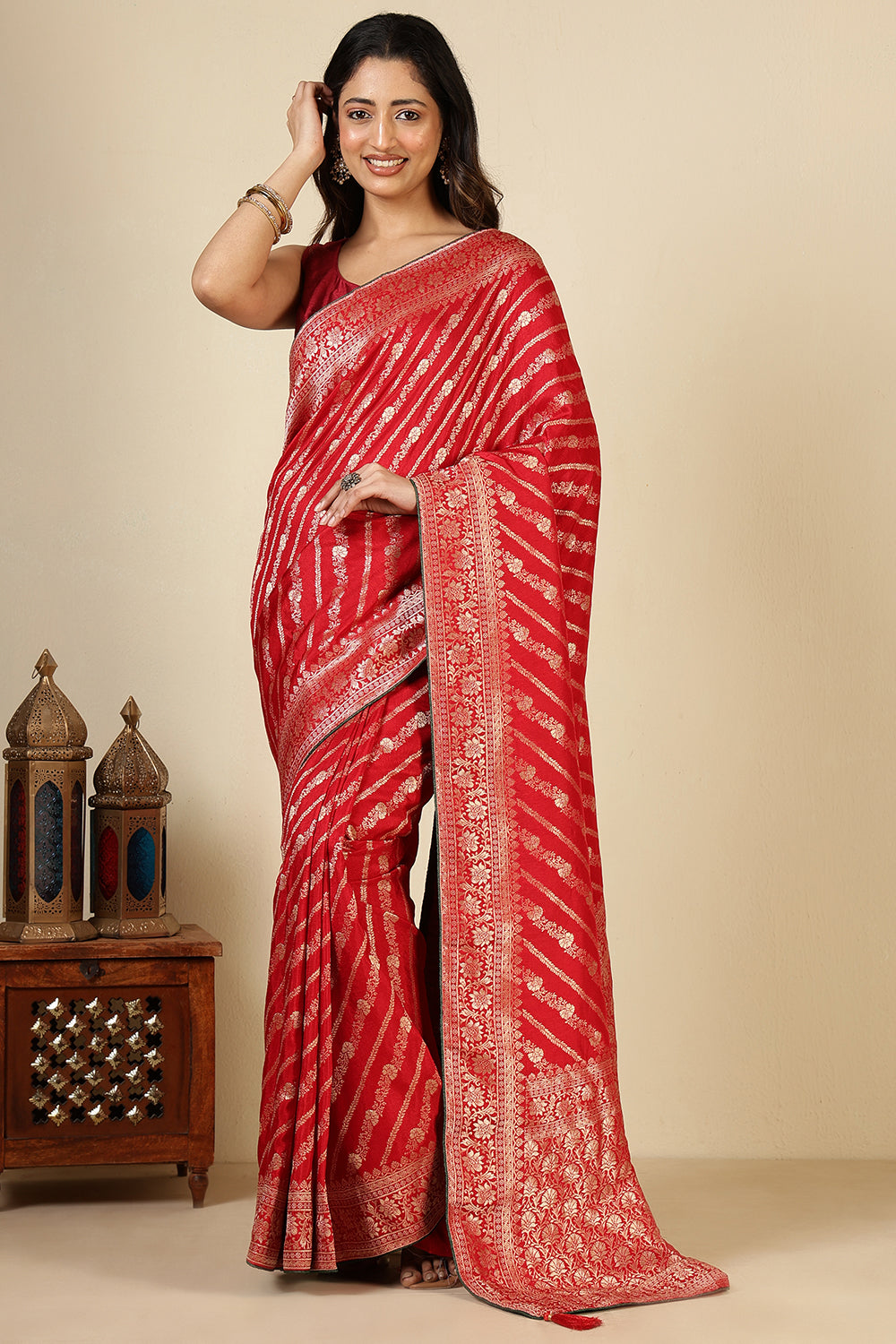 Red Color Banarasi Woven Tussar Silk Saree
