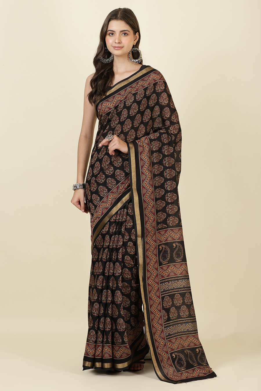 Black Block Printed Cotton Saree