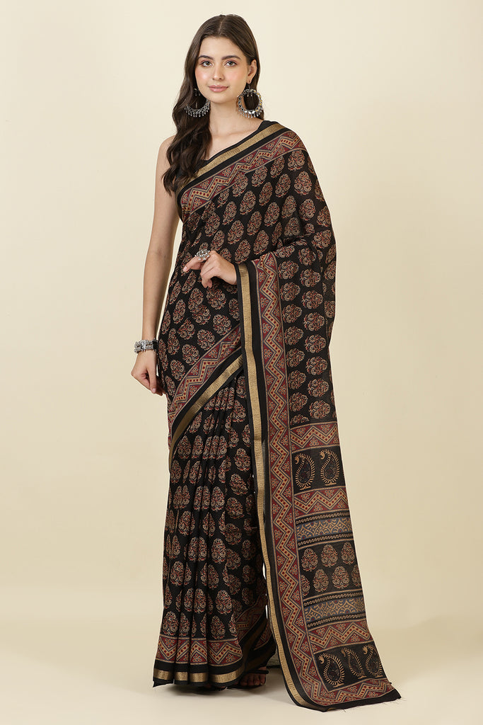 Black Block Printed Cotton Saree