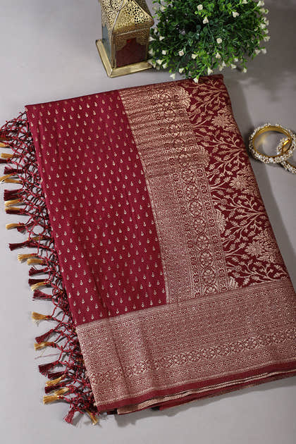 Dark Scarlet Colour Silk Zari Woven Saree