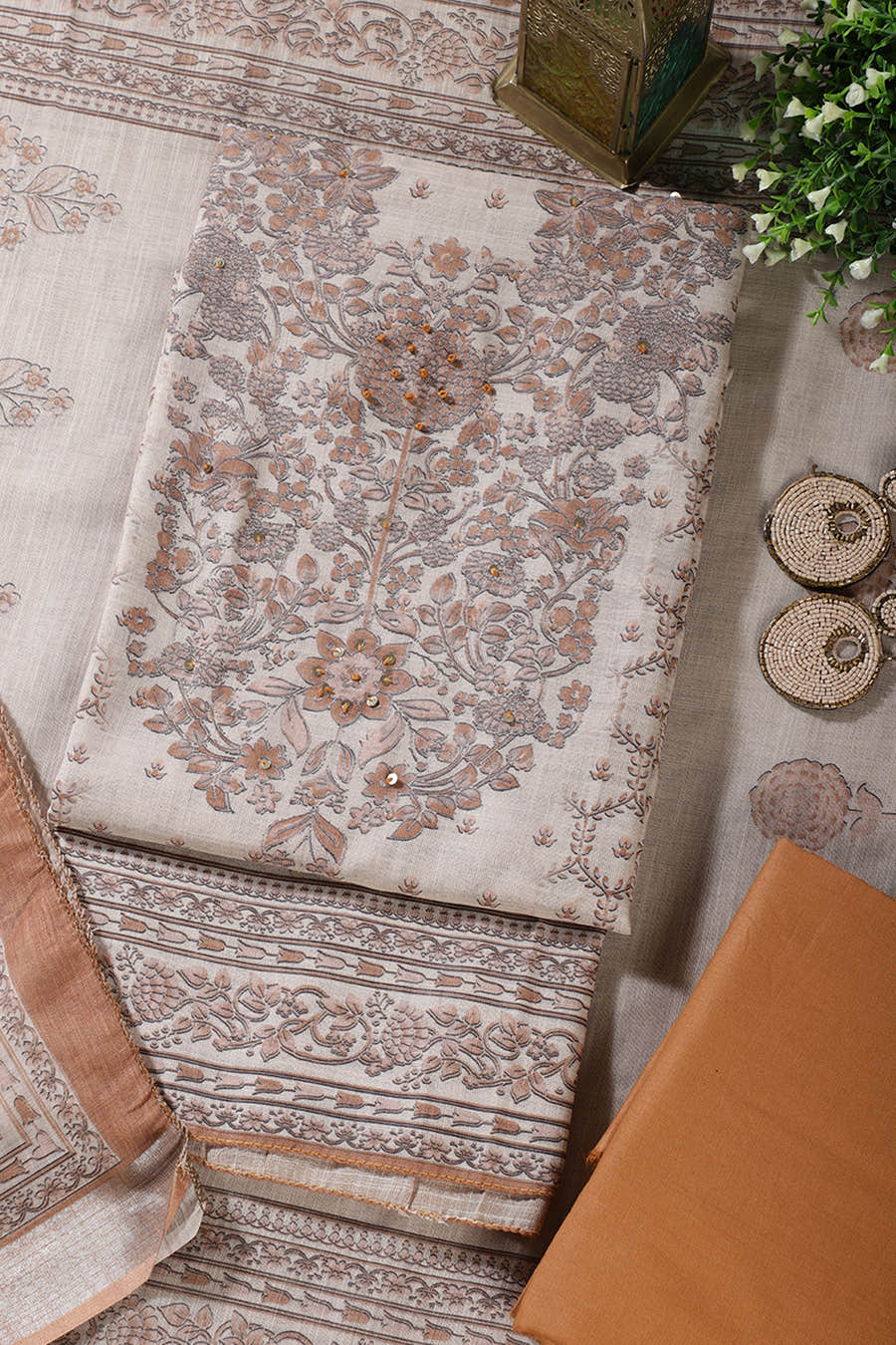 Beige & Brown Floral Printed Unstitched Suit Fabric