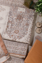 Beige & Brown Floral Printed Unstitched Suit Fabric