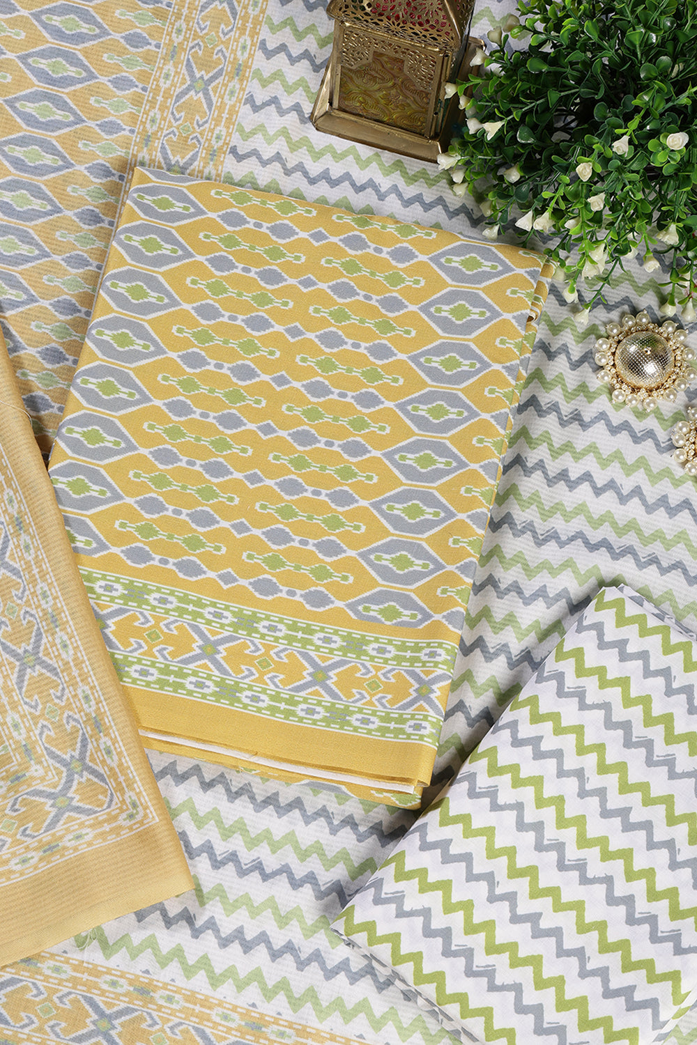 Mustard Malmal Cotton Printed Unstitched Suit Material