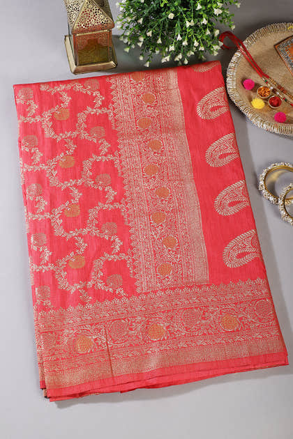 Coral Red Silk Floral Zaal Woven Banarasi Saree