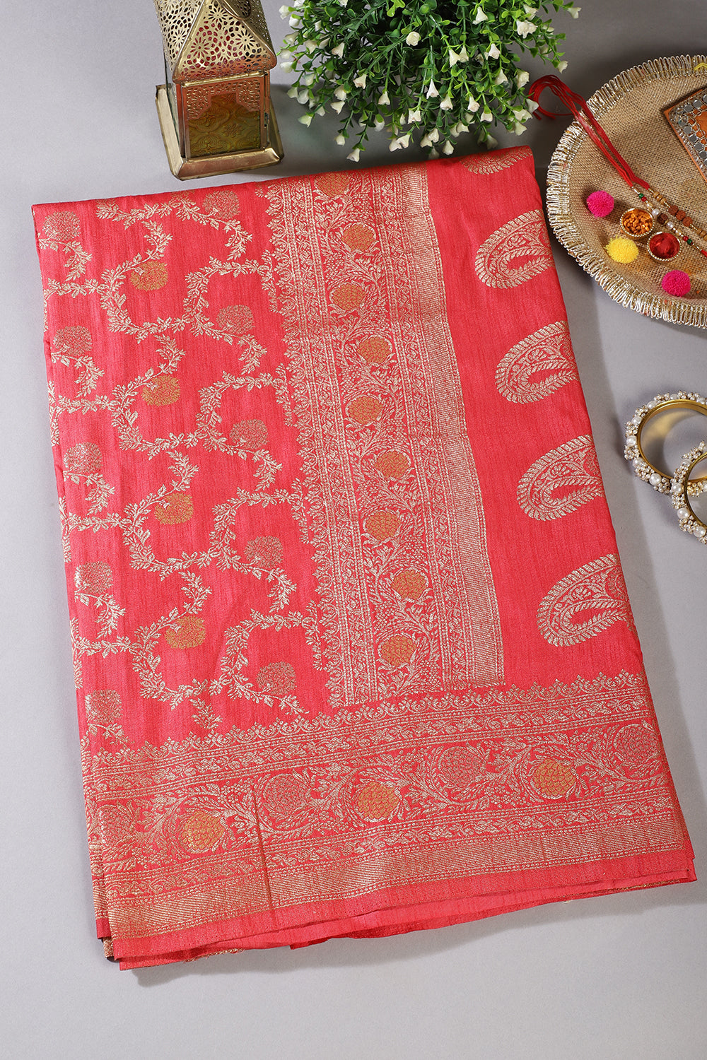 Coral Red Silk Floral Zaal Woven Banarasi Saree