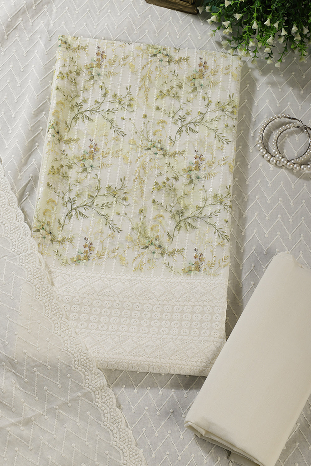 Cream & Green Cotton Chikankari Work Floral Printed Unstitched Suit