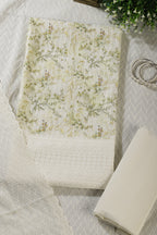 Cream & Green Cotton Chikankari Work Floral Printed Unstitched Suit