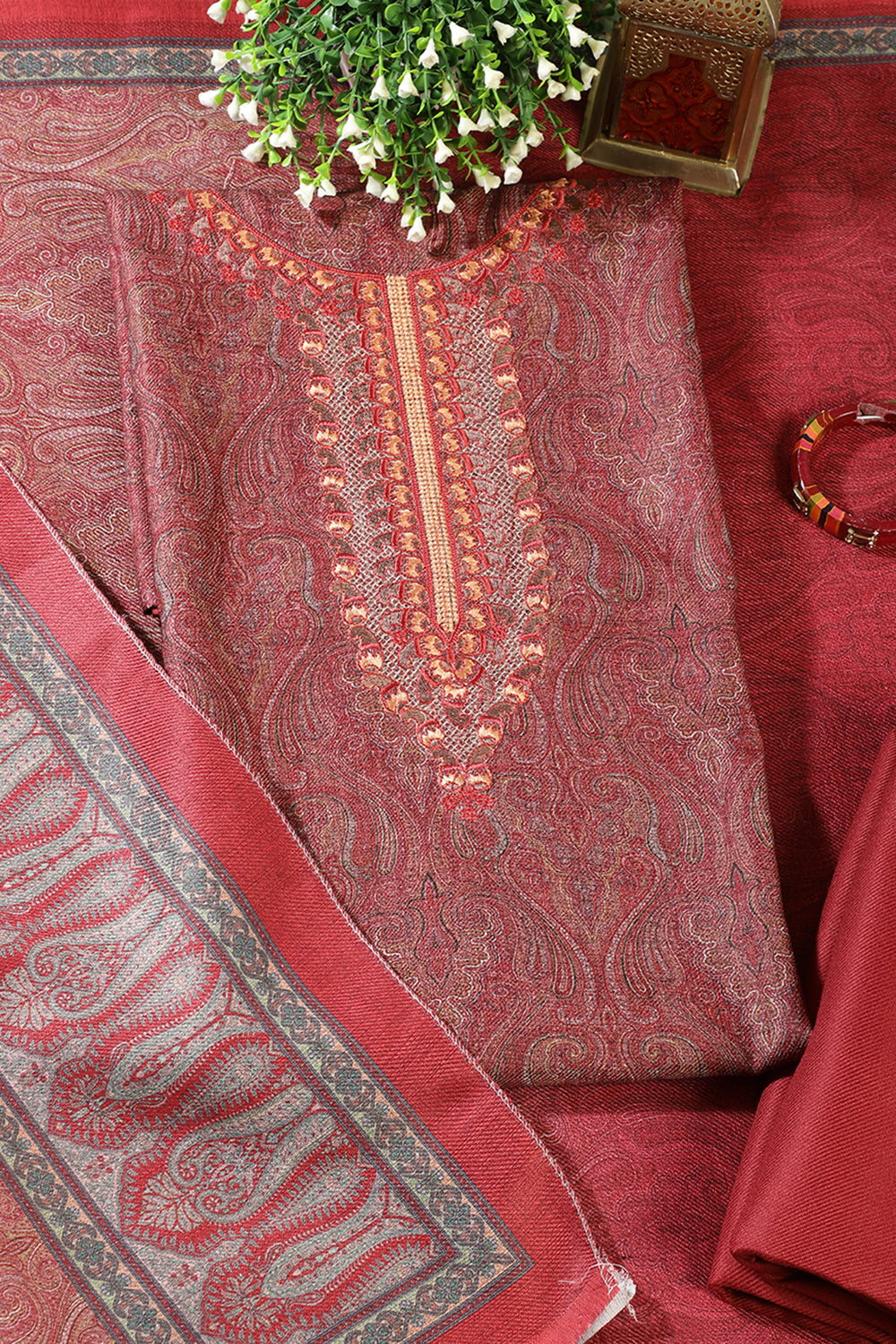 Maroon Pashmina Printed And Neck Embroidered Unstitched Suit Material