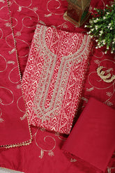 Fuchsia Red Cotton Digital Printed & Neck Embroidered Unstitched Suit