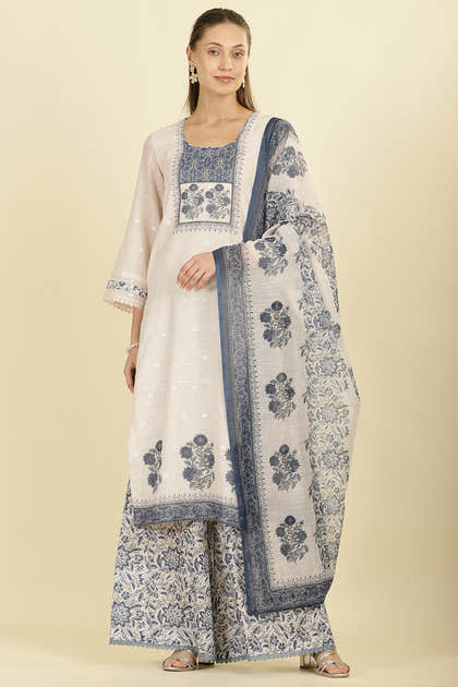 Cream & Blue Cotton Printed Unstitched Suit Material