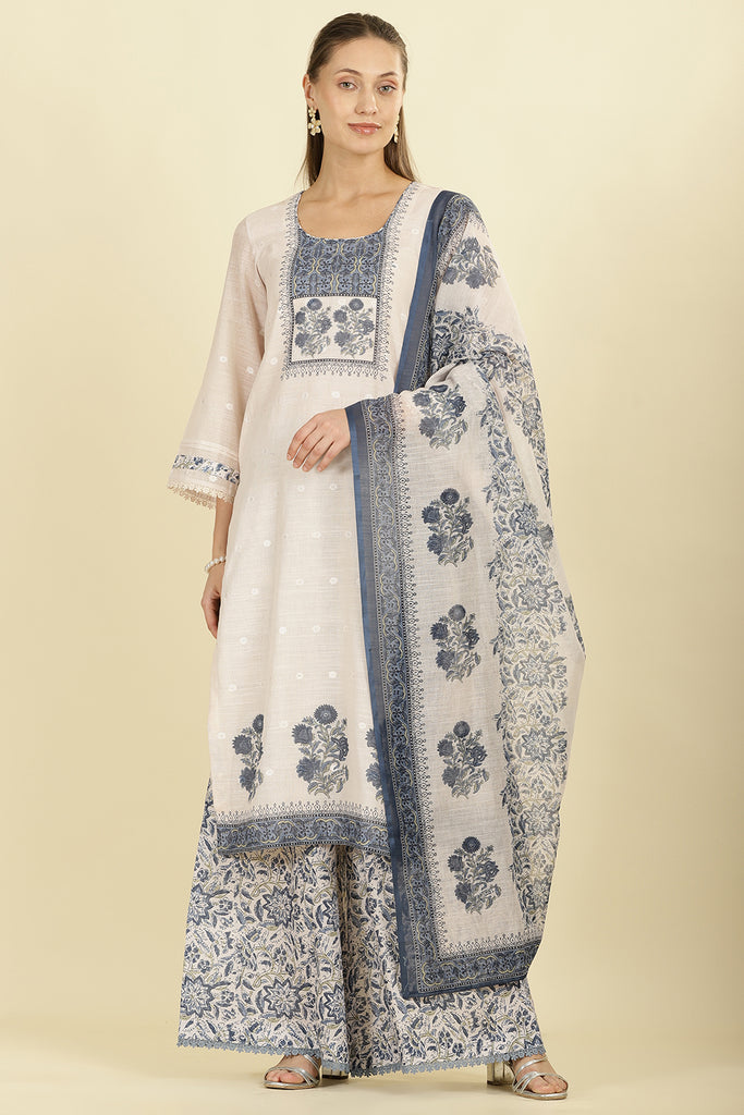 Cream & Blue Cotton Printed Unstitched Suit Material