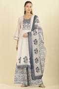Cream & Blue Cotton Printed Unstitched Suit Material