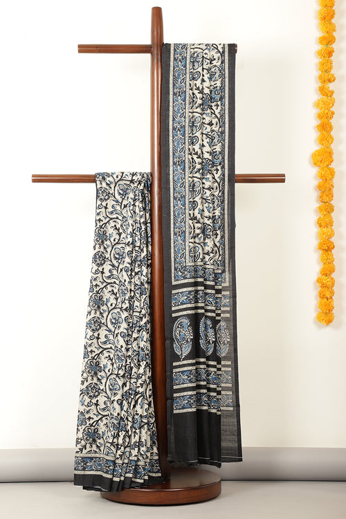 Black & Beige Cotton Floral Printed Saree