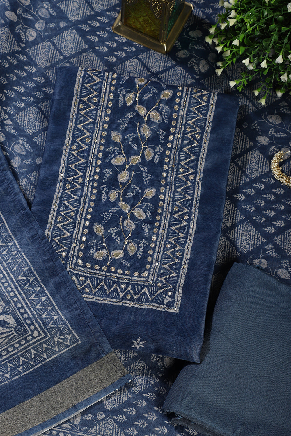 Pacific Blue Printed and Gota-Patti Work Chanderi Cotton Unstitched Suit Material