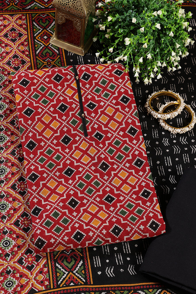 Maroon Printed Ikkat Cotton Unstitched Suit Material