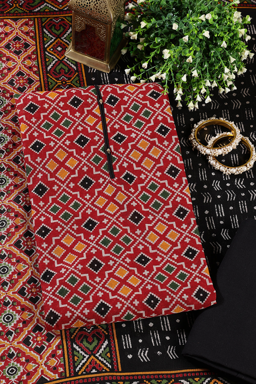 Maroon Printed Ikkat Cotton Unstitched Suit Material