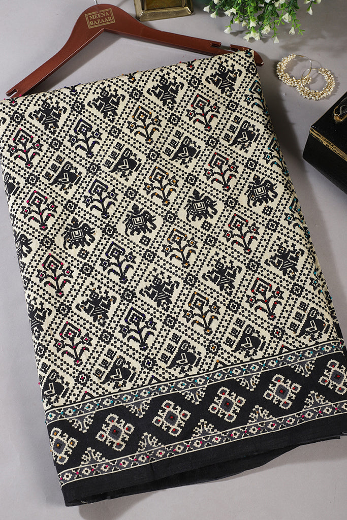 Cream & Black Silk Printed And Hand-Knot Work Saree