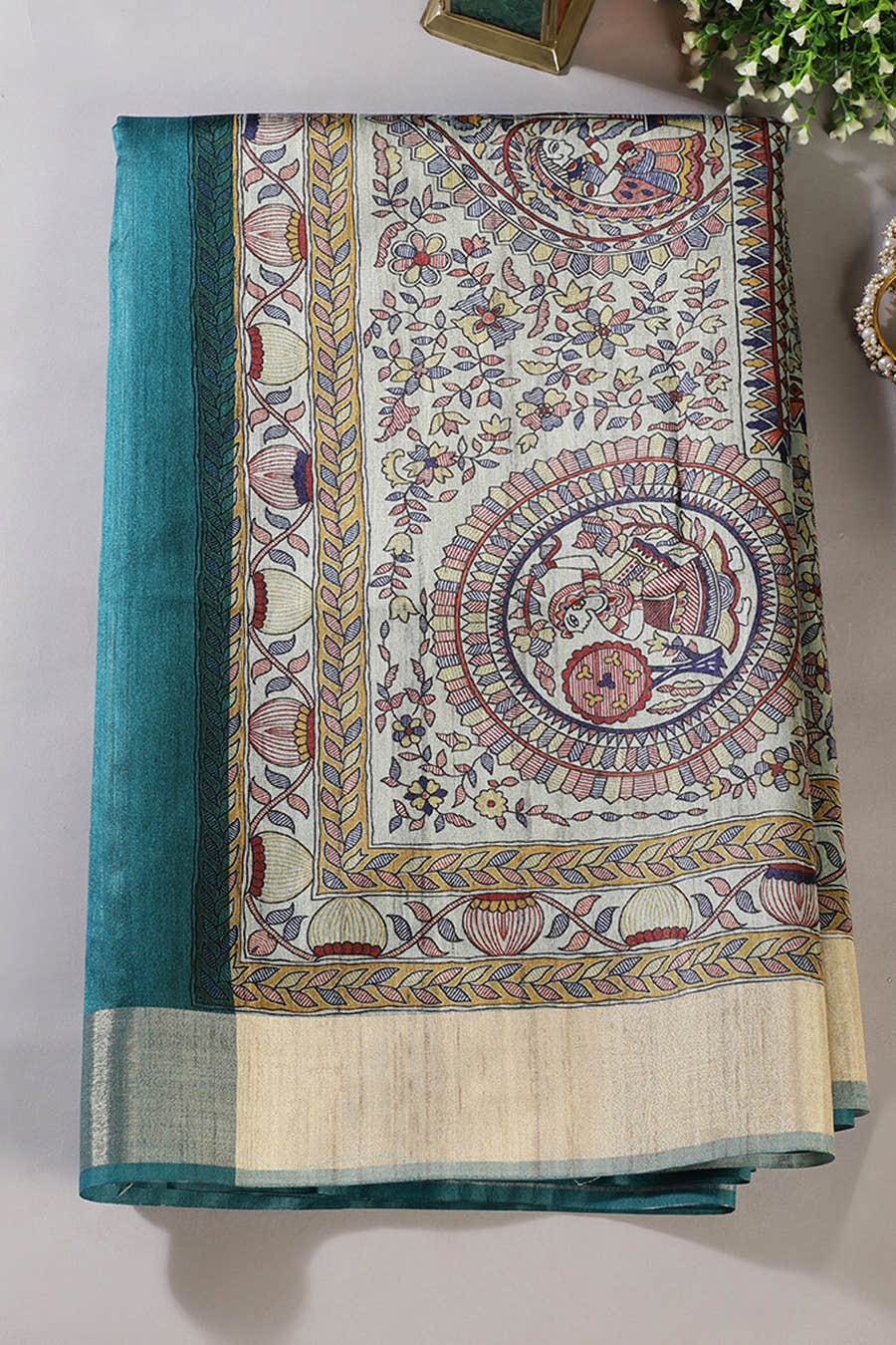 Teal Green Cotton Silk Madhubani Print Saree