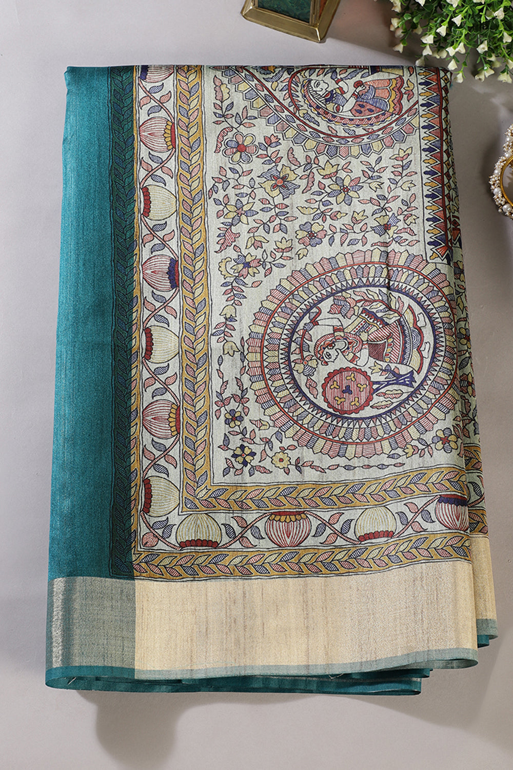Teal Green Cotton Silk Madhubani Print Saree