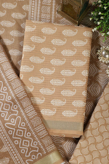 Fawn  Cotton Boota Block Print Unstitched Suit Fabric
