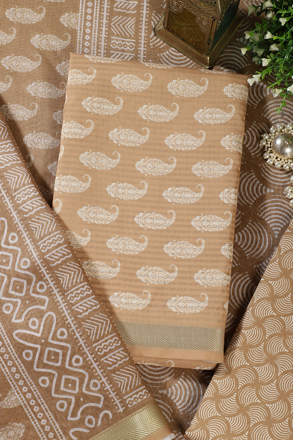 Fawn  Cotton Boota Block Print Unstitched Suit Fabric