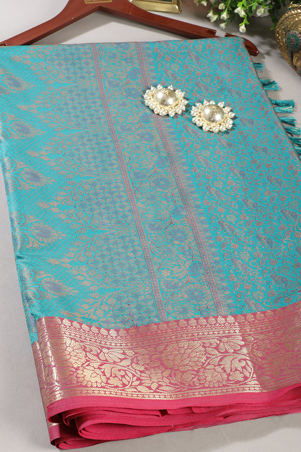 Firozi Cotton Silk Resham & Zari Woven Saree