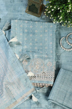 Turquoise Tussar Cotton Printed And Reham Embroidered Unstiched Suit Material