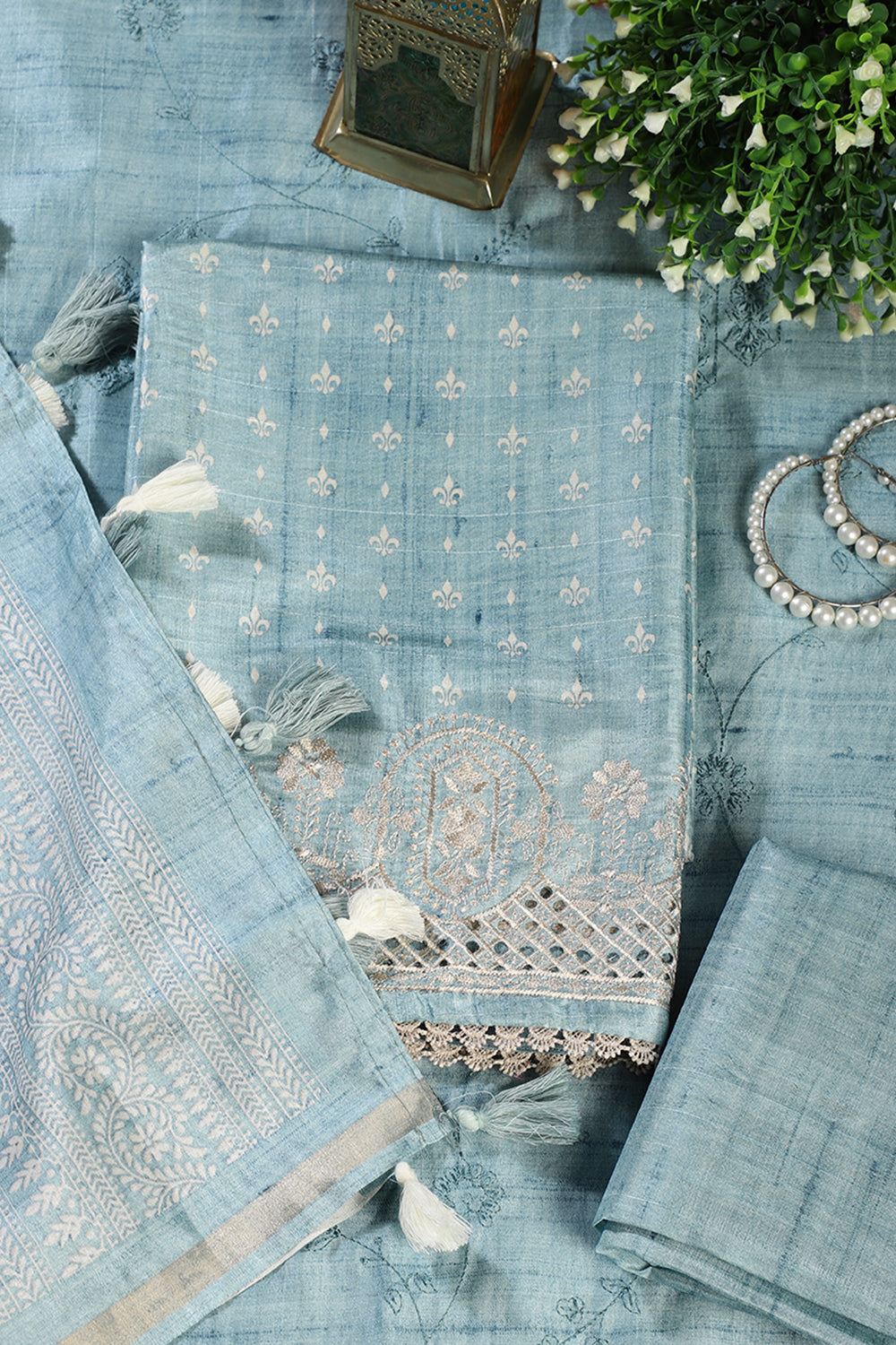 Turquoise Tussar Cotton Printed And Reham Embroidered Unstiched Suit Material