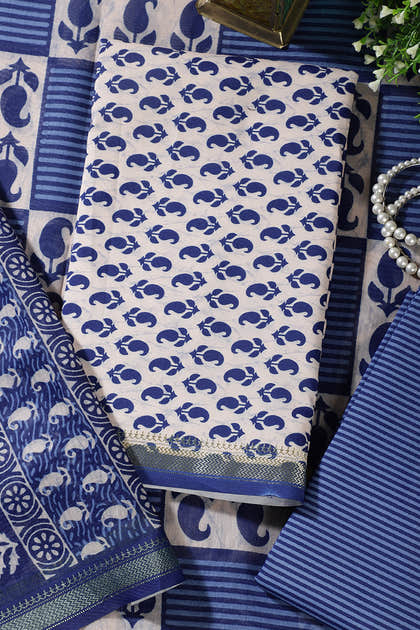 Cream & Navy Cotton Dabu Block Print Unstitched Suit Material