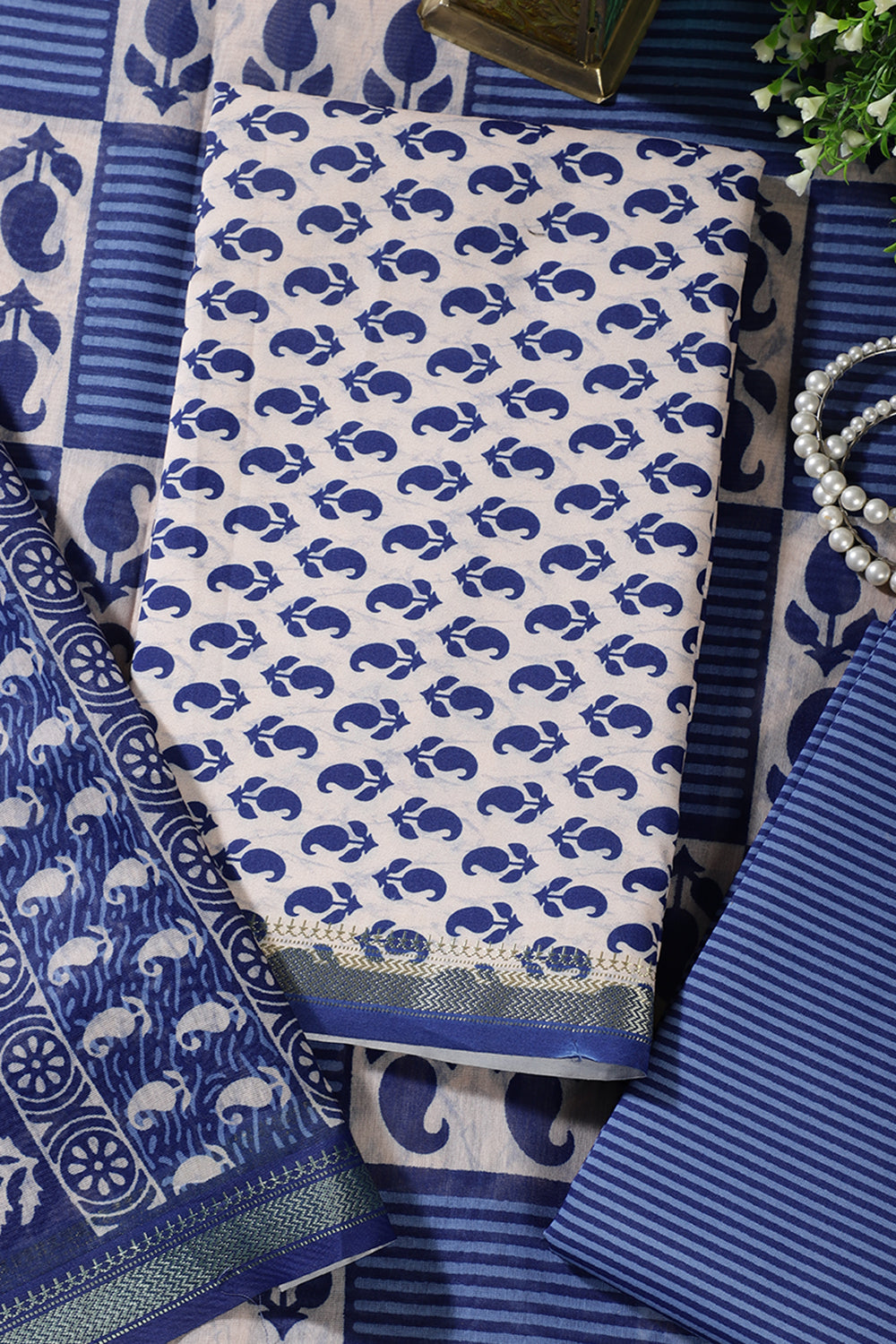 Cream & Navy Cotton Dabu Block Print Unstitched Suit Material