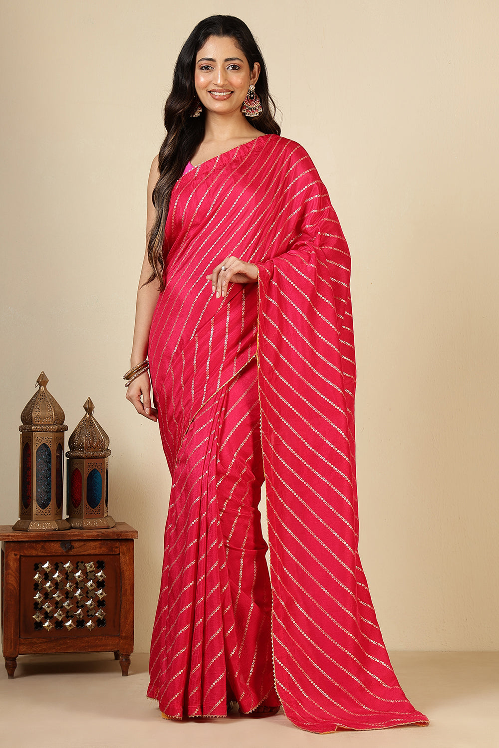 Red Modal Silk Saree with Zari Pinstripes