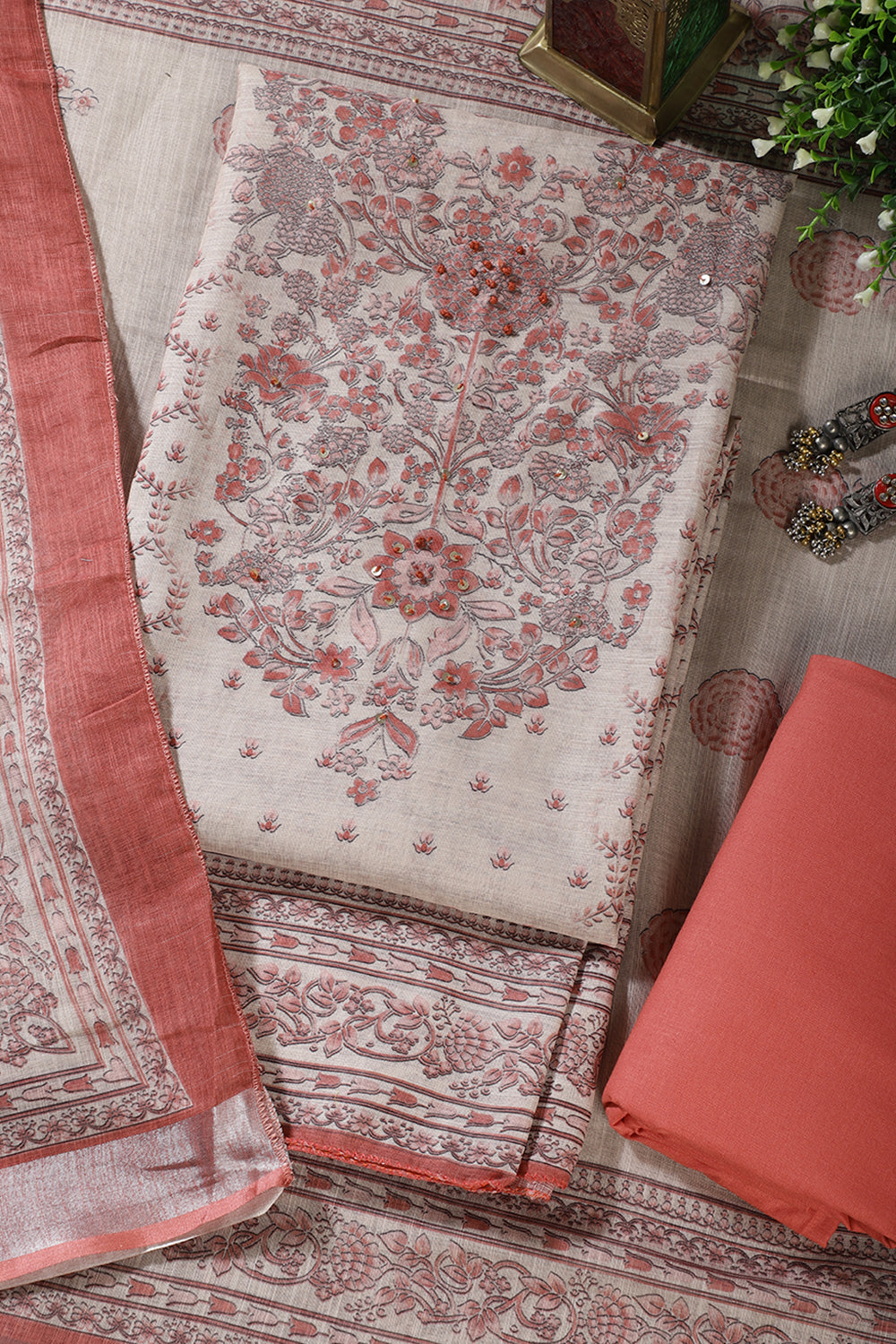 Beige & Peach Floral Printed Unstitched Suit Fabric