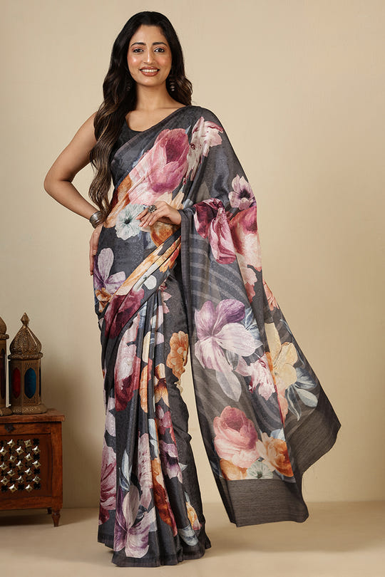 Grey Printed Jacquard Silk Saree