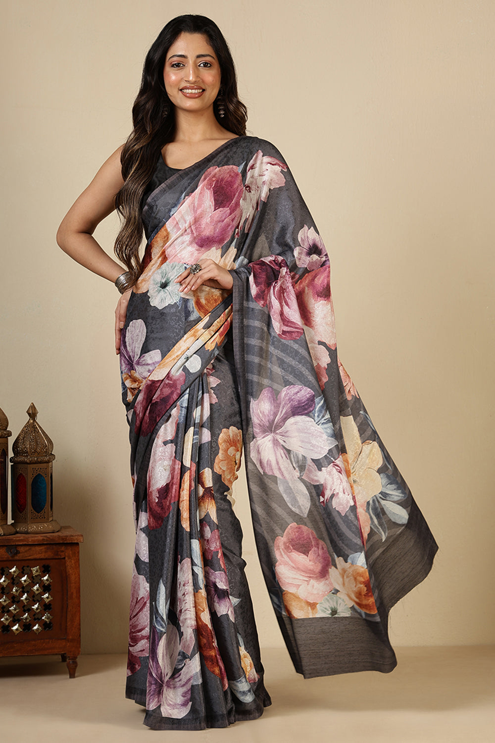 Grey Printed Jacquard Silk Saree