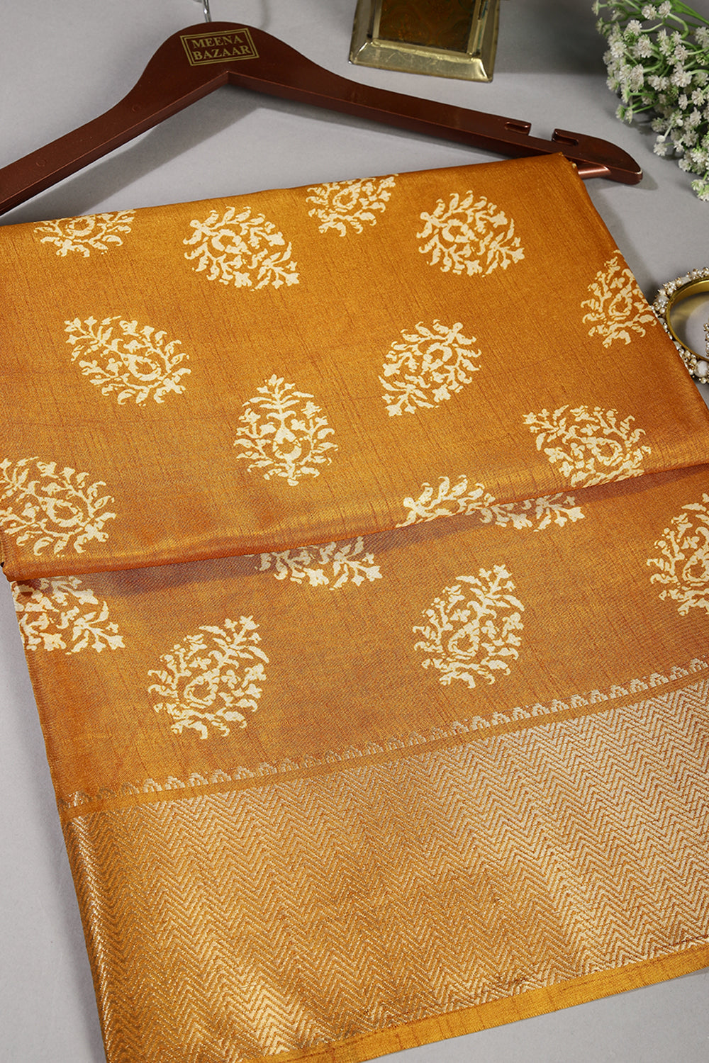 Mustard Color Block Printed Cotton Silk Saree