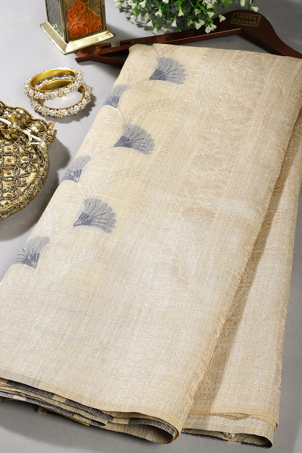 Beige & Grey Color Chanderi Cotton Zari Woven Saree