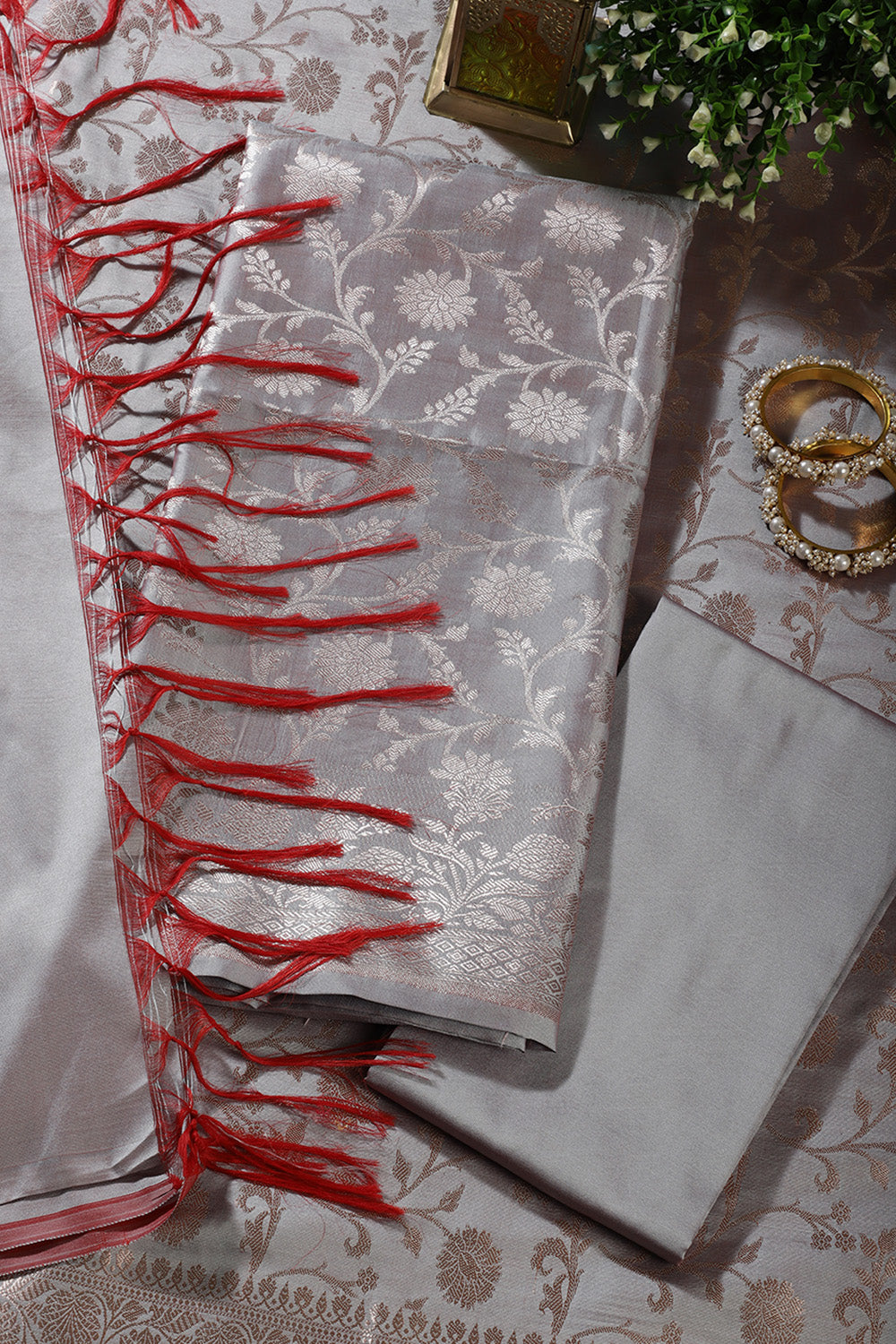 Grey Zari Floral Woven Silk Unstitched Suit Fabric