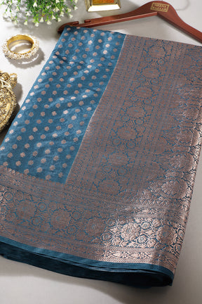 Blue Denim Zari Banarasi Woven Silk Saree