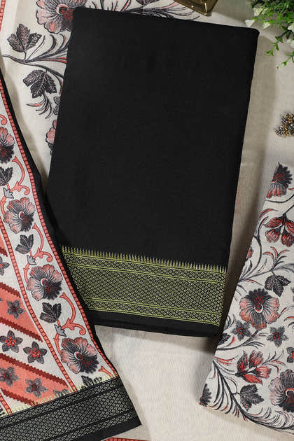 Black Cotton Unstitched Suit Material With Floral Printed Dupatta & Salwar