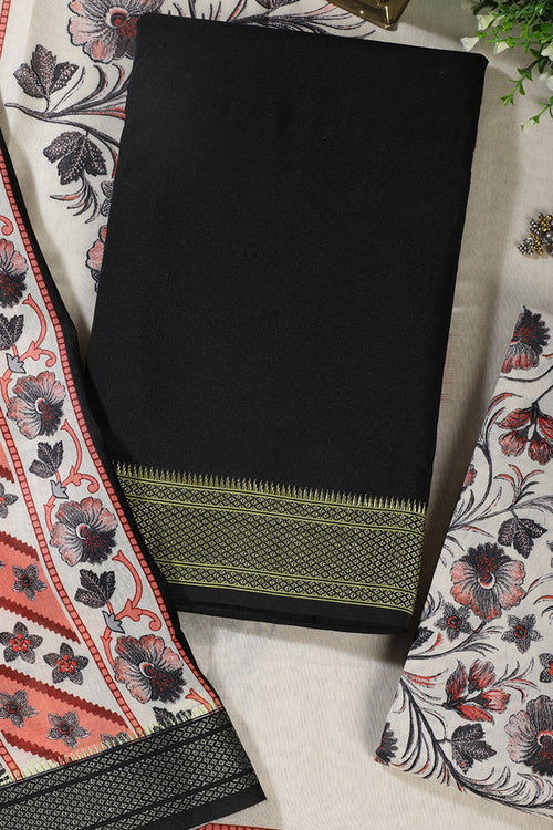 Black Cotton Unstitched Suit Material With Floral Printed Dupatta & Salwar