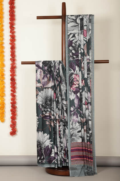 Grey Color Jacquard Silk Printed Saree