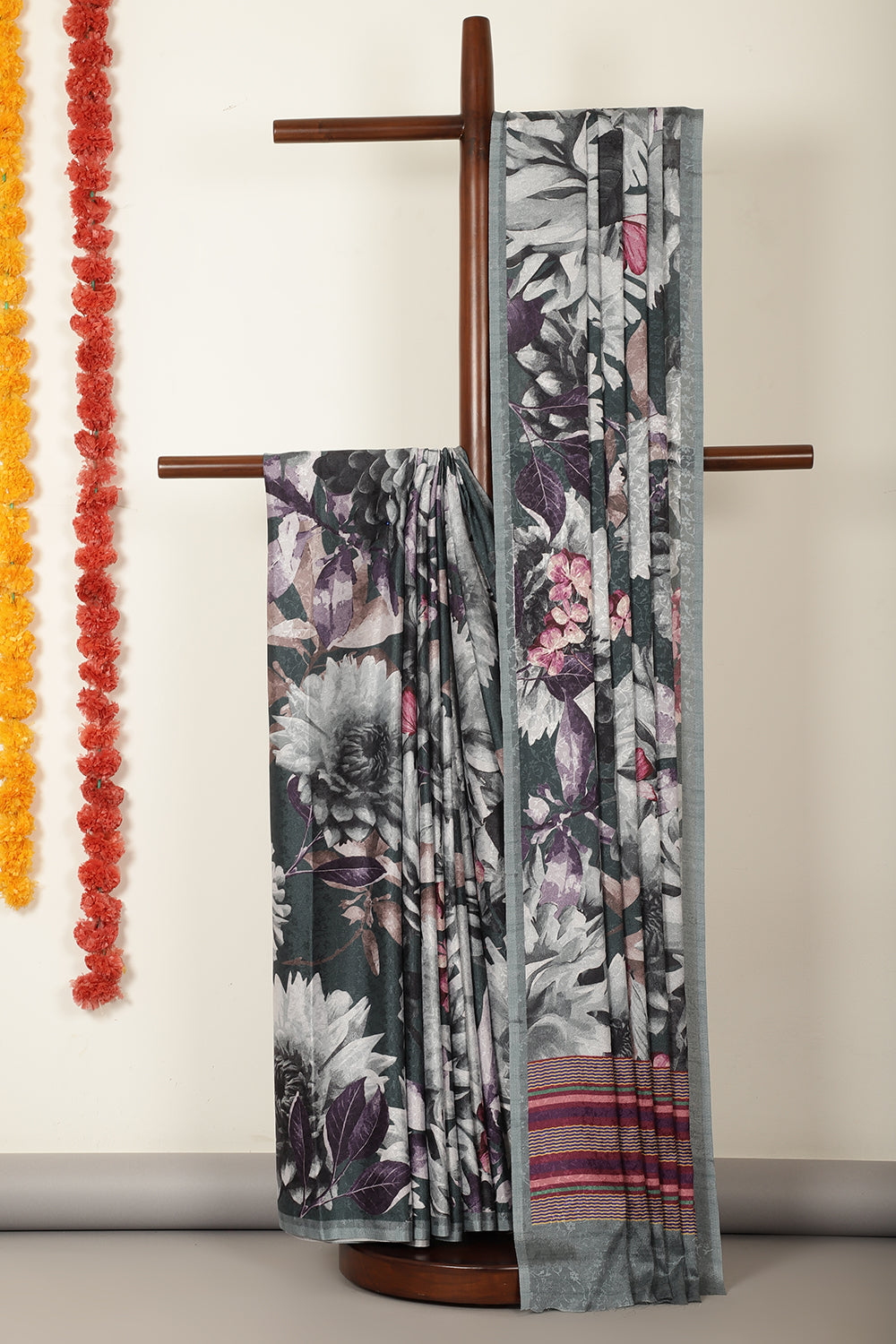 Grey Color Jacquard Silk Printed Saree